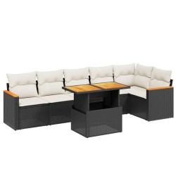 Salon de jardin 7 pcs avec coussins noir résine tressée 