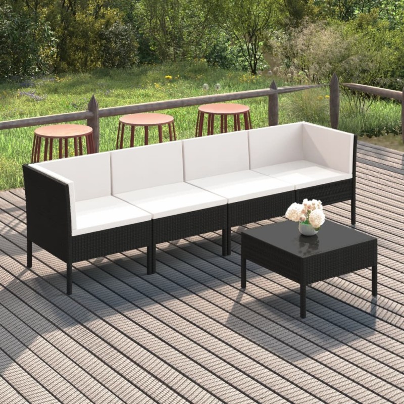 Salon de jardin 5 pcs avec coussins résine tressée noir 