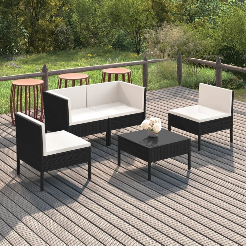 Salon de jardin 5 pcs avec coussins résine tressée noir 