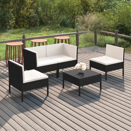 Salon de jardin 5 pcs avec coussins résine tressée noir 