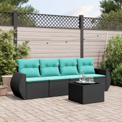 Salon de jardin 5 pcs avec coussins noir résine tressée 