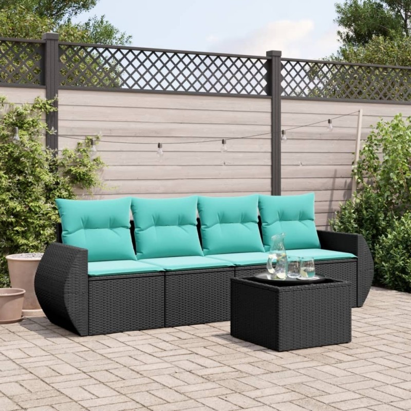Salon de jardin 5 pcs avec coussins noir résine tressée 