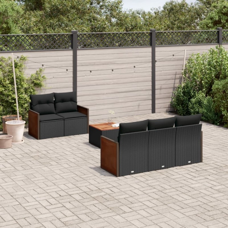 Salon de jardin 6 pcs avec coussins noir résine tressée 