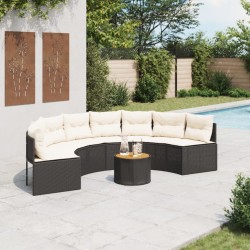Canapé de jardin table coussins demi-rond noir résine tressée 