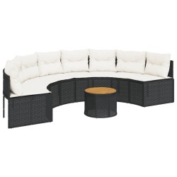 Canapé de jardin table coussins demi-rond noir résine tressée 