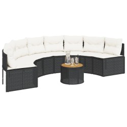 Canapé de jardin table coussins demi-rond noir résine tressée 