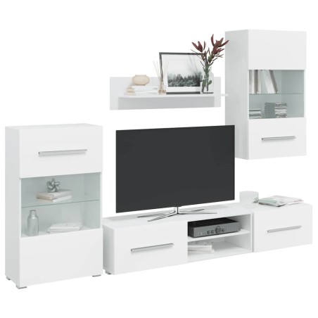 Meubles TV 5 pcs avec lumière LED blanc mat bois d'ingénierie 