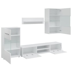 Meubles TV 5 pcs avec lumière LED blanc mat bois d'ingénierie 