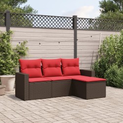 Salon de jardin 4 pcs avec coussins marron résine tressée 