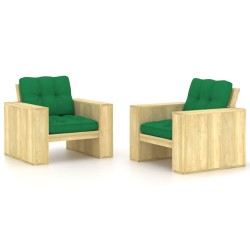 Chaises de jardin lot de 2 avec coussins vert Pin imprégné 