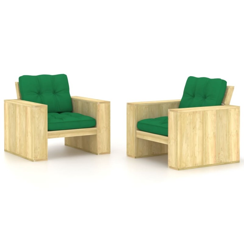 Chaises de jardin lot de 2 avec coussins vert Pin imprégné 