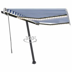 Auvent manuel rétractable avec LED 350x250 cm Bleu et blanc 