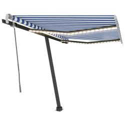Auvent manuel rétractable avec LED 350x250 cm Bleu et blanc 