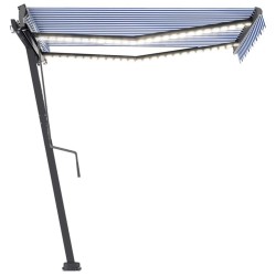 Auvent manuel rétractable avec LED 350x250 cm Bleu et blanc 