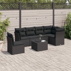 Salon de jardin 7 pcs avec coussins noir résine tressée 