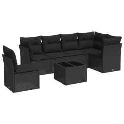 Salon de jardin 7 pcs avec coussins noir résine tressée 