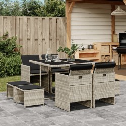 Ensemble à manger de jardin et coussins 9 pcs gris clair rotin 