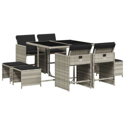 Ensemble à manger de jardin et coussins 9 pcs gris clair rotin 