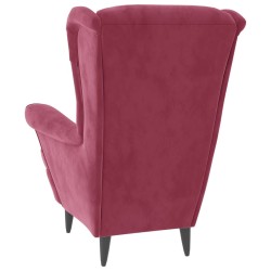 Fauteuil à oreilles avec tabouret bordeaux velours 