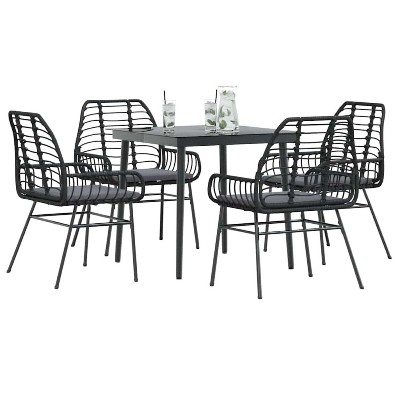 Ensemble à manger de jardin et coussins 5 pcs noir rotin verre 