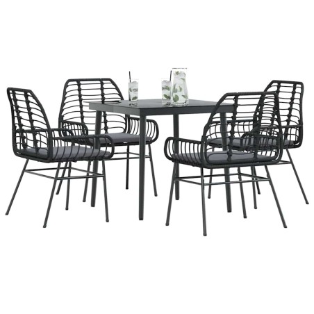Ensemble à manger de jardin et coussins 5 pcs noir rotin verre 