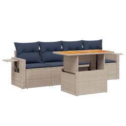 Salon de jardin 5 pcs avec coussins gris résine tressée 