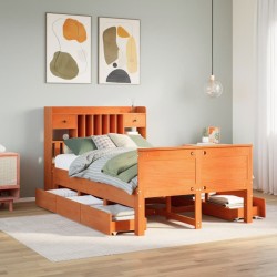 Lit bibliothèque sans matelas cire marron 135x190 cm pin massif 