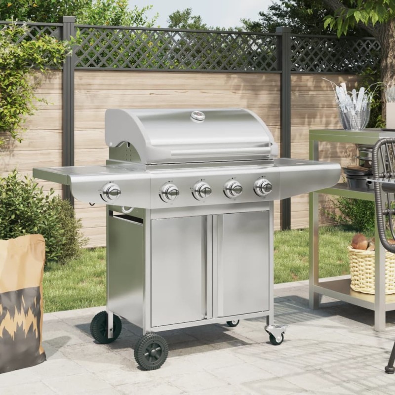 Barbecue à gaz avec 5 brûleurs argenté acier inoxydable 