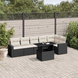 Salon de jardin 7 pcs avec coussins noir résine tressée 