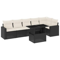 Salon de jardin 7 pcs avec coussins noir résine tressée 