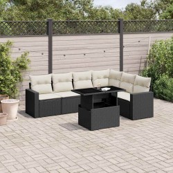 Salon de jardin 7 pcs avec coussins noir résine tressée 