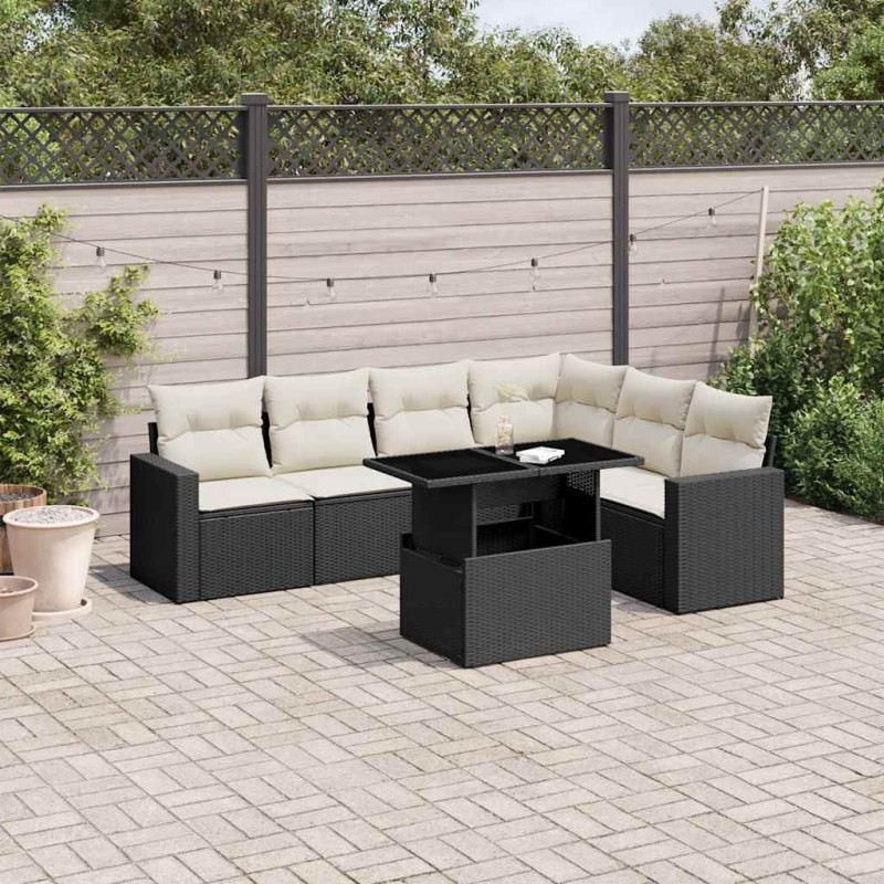 Salon de jardin 7 pcs avec coussins noir résine tressée 