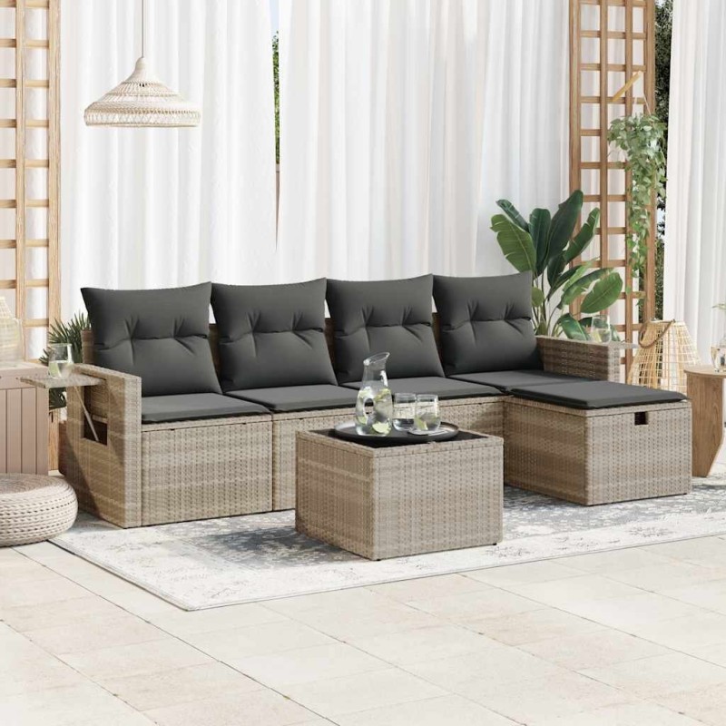 Salon de jardin 6 pcs avec coussins gris clair résine tressée 