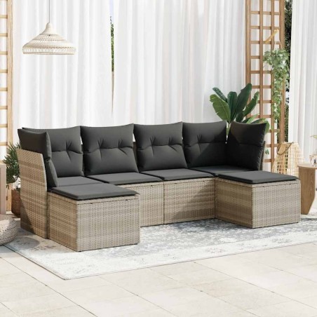Salon de jardin 6 pcs avec coussins gris clair résine tressée 