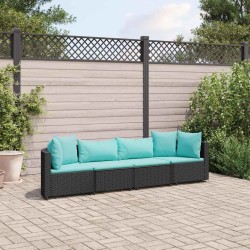 Salon de jardin 4 pcs avec coussins noir résine tressée 