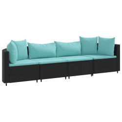 Salon de jardin 4 pcs avec coussins noir résine tressée 