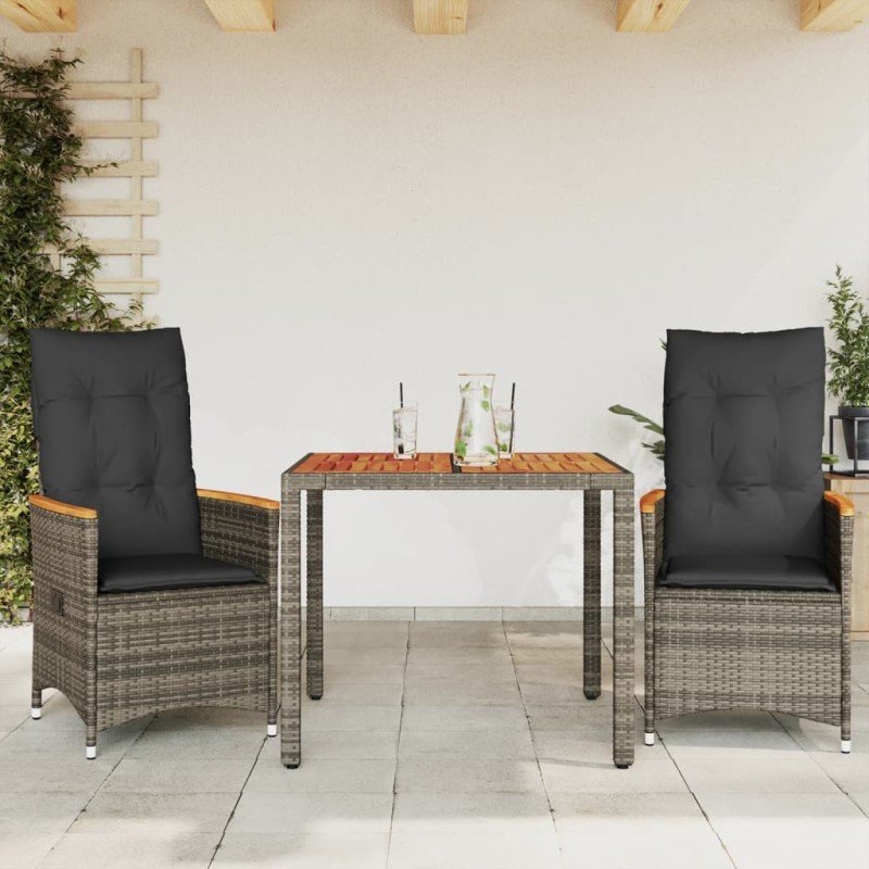 Ensemble de bistro 3 pcs avec coussins gris résine tressée 