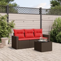 Salon de jardin 4 pcs avec coussins marron résine tressée 