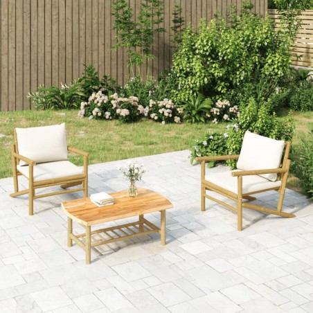 Salon de jardin 3 pcs avec coussins blanc crème bambou 