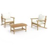 Salon de jardin 3 pcs avec coussins blanc crème bambou 