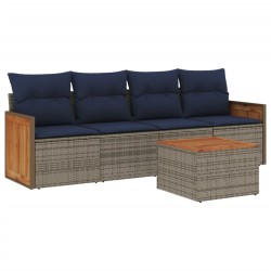 Salon de jardin 5 pcs avec coussins gris résine tressée 