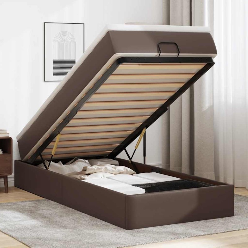 Cadre de lit ottoman avec matelas marron 100x200 cm similicuir 