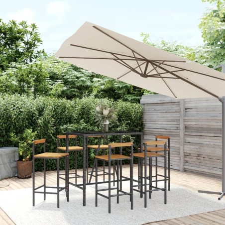 Ensemble de bar jardin 7 pcs noir poly rotin/bois massif acacia 