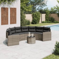 Canapé de jardin table coussins demi-rond gris résine tressée 