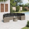 Canapé de jardin table coussins demi-rond gris résine tressée 