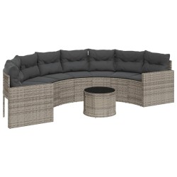 Canapé de jardin table coussins demi-rond gris résine tressée 