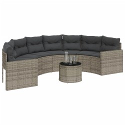Canapé de jardin table coussins demi-rond gris résine tressée 