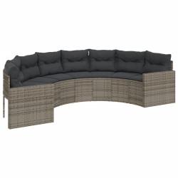Canapé de jardin table coussins demi-rond gris résine tressée 