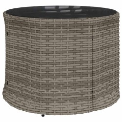 Canapé de jardin table coussins demi-rond gris résine tressée 