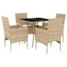 Ensemble à manger de jardin et coussins 5 pcs beige rotin verre 